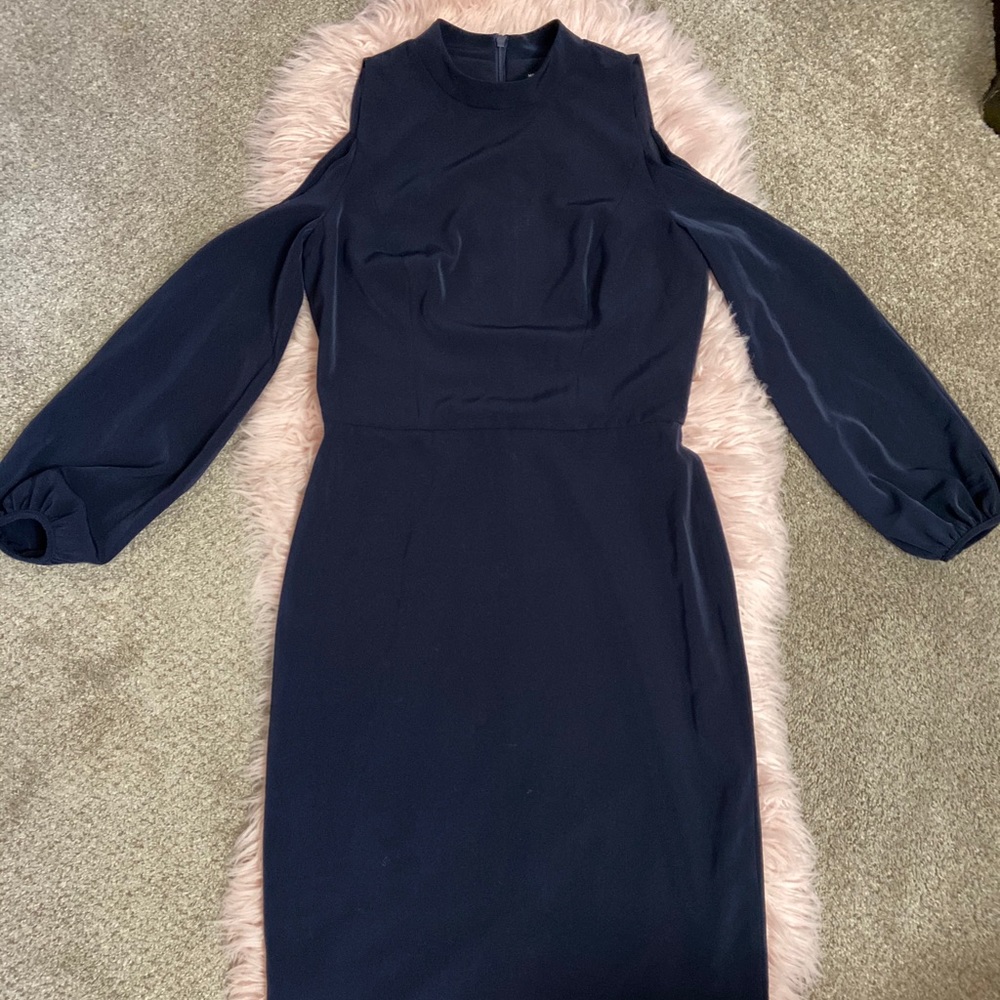 Elegant, cold-shoulder, navy dress by MAGGY LONDON